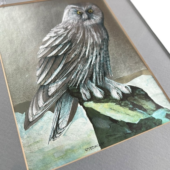 Vintage 70s Silver Framed Metallic Owl Art Framed Owl Print Holographic Image - Picture 3 of 9